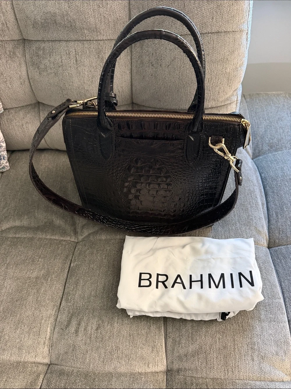 🔥Brahmin Caroline Dark Chocolate Croc-Embossed Satchel🔥